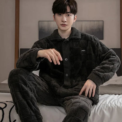2Pcs/set men's pajamas autumn and winter padded and thickened warm long-sleeved trousers coral fleece homewear men's clothing