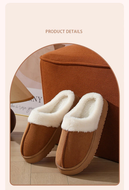 Women's plush slippers winter outdoor, thick sole non-slip fur flip flops with fur collar, warm unisex house shoes for home use
