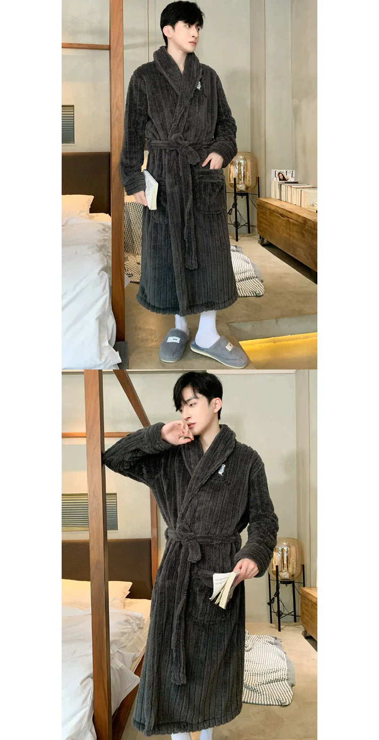 Turn-down V-neck Robes for Men 2025 New Winter Warm Flannel Robes Solid Soft Thick Fleece Sleepwear Male Casual Loose Home Wear