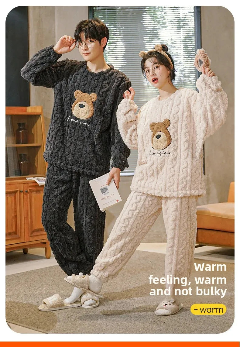 Thickened Coral Fleece Long Sleeve Sleepwear for Couples Spring Autumn Winter Flannel Warm Home Clothes Men Women Winter Home Py