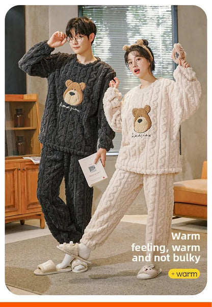 Thickened Coral Fleece Long Sleeve Sleepwear for Couples Spring Autumn Winter Flannel Warm Home Clothes Men Women Winter Home Py
