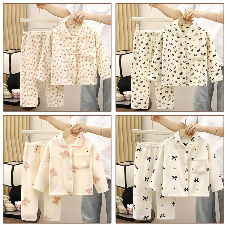 Boys Girls Autumn Winter Soft Flannel Pajamas Sets Toddler Baby Cute Cartoon Lapel Coat with Pants Pyjamas Kids Casual Sleepwear