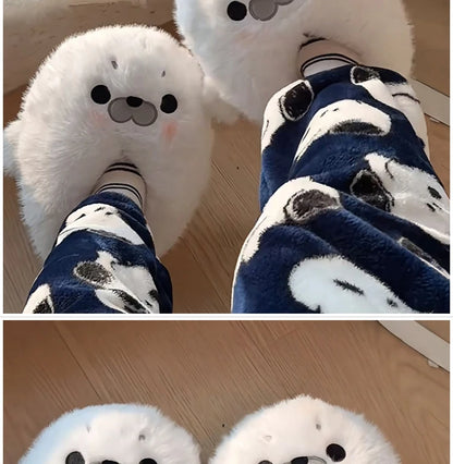 Little Seal Fluffy Home Slippers Anti-Slip Indoor Floor Shoes Cartoon Cute Plush Thicken Warm Cotton Shoes