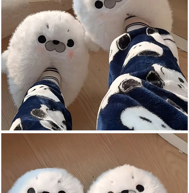 Little Seal Fluffy Home Slippers Anti-Slip Indoor Floor Shoes Cartoon Cute Plush Thicken Warm Cotton Shoes