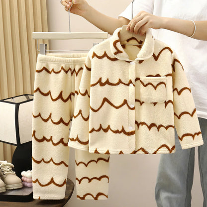 Boys Girls Autumn Winter Soft Flannel Pajamas Sets Toddler Baby Cute Cartoon Lapel Coat with Pants Pyjamas Kids Casual Sleepwear