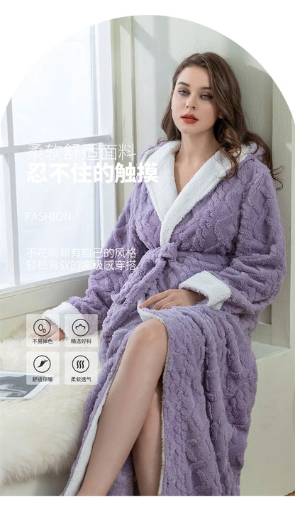 Thick Women Warm Bathrobe Solid Hooded Warm Ladies Dressing Gown Long Sleeve Flannel Bath Robe For Female