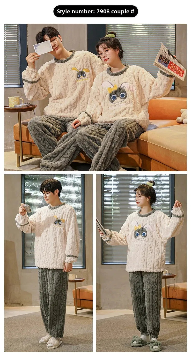 Thickened Coral Fleece Long Sleeve Sleepwear for Couples Spring Autumn Winter Flannel Warm Home Clothes Men Women Winter Home Py