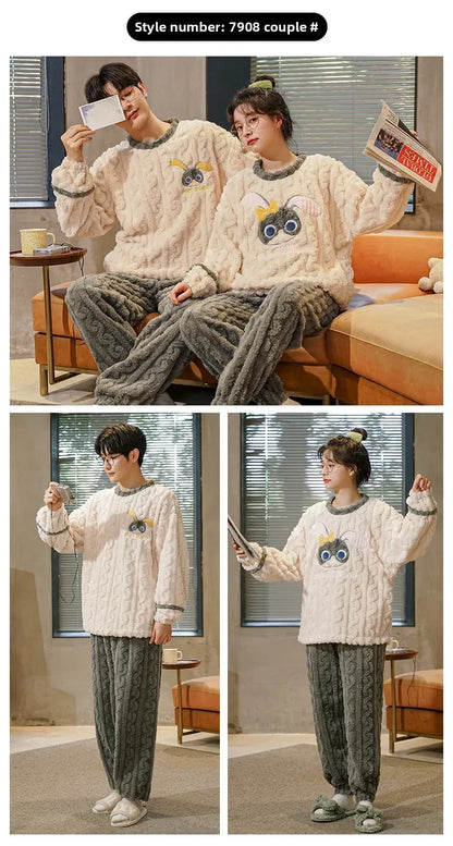Thickened Coral Fleece Long Sleeve Sleepwear for Couples Spring Autumn Winter Flannel Warm Home Clothes Men Women Winter Home Py