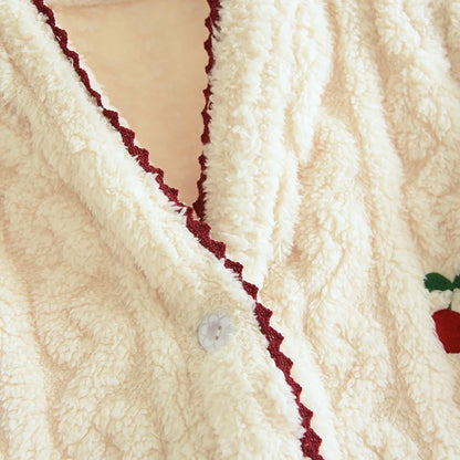 Thickened Flannel Sleepwear Set for Women Long Sleeve Long Pants Embroidered Home Clothes Soft Comfortable Winter Outfit