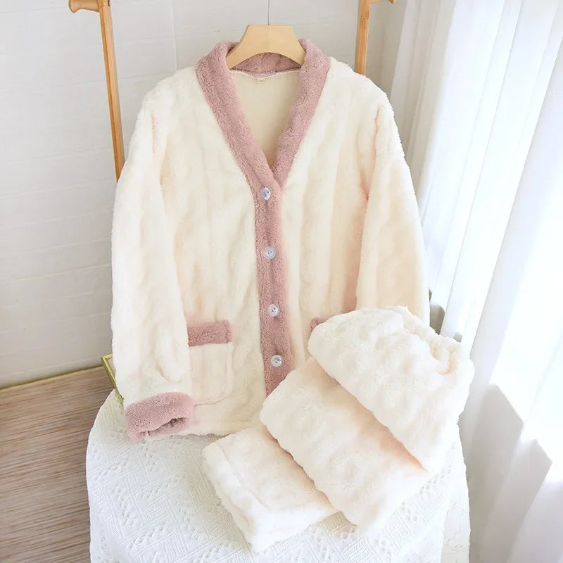 Thickened Flannel V-Neck Couple Sleepwear Long Sleeve Home Clothes Set for Autumn Winter Warm Polyester Fiber Open Cardigan