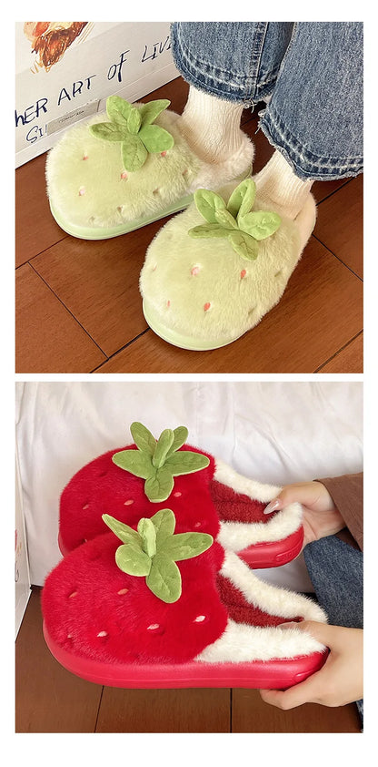 Cute Strawberry Fluffy Slippers Women's Indoor Home Warm Thick Bottom Anti-slip Outdoor Wearable Slip-On Indoor Slippers