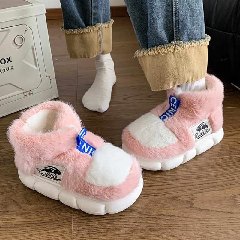 Women Warm Cotton Shoes Couples Winter Home Slippers Soft Plush Thick Sole Fluffy Footwear Female Male Indoor Street Snow Boots