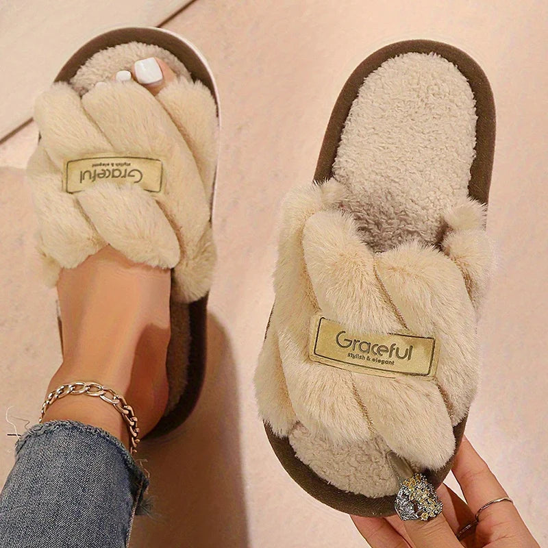 Women's Plush Fuzzy Slippers Home Fur Open-Toe Slides Autumn Winter Indoor Silent Comfort EVA Soft-Soled Bedroom Warm Flip Flops