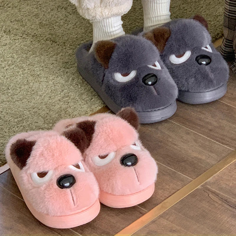 Husky Dog Faux Fur Couple Winter Slippers Chunky Platform Non Slip House Shoes Woman Comfort Fluffy Plush Outdoor Slippers Women