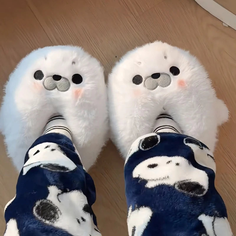 Little Seal Fluffy Home Slippers Anti-Slip Indoor Floor Shoes Cartoon Cute Plush Thicken Warm Cotton Shoes