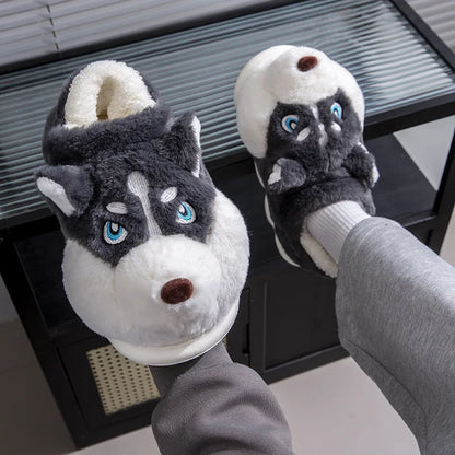 Men Home Cotton Slippers Cute Cartoon Dog Winter Warm Shoes For Couples Soft Plush Anti-slip Male Female Indoor Fluffy Slides