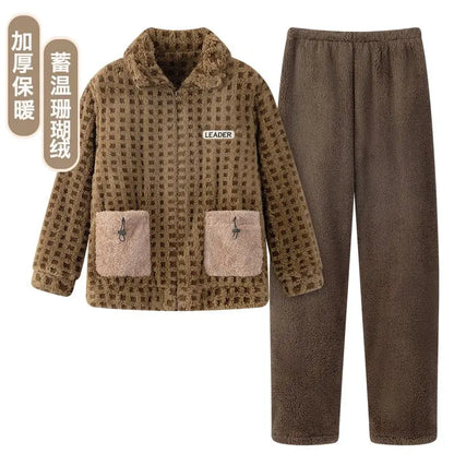 2025 Autumn Winter Coral Fleece Thickened Flannel Sleepwear Home Clothes Set for Men Breathable Long Sleeve Long Pants Pajamas