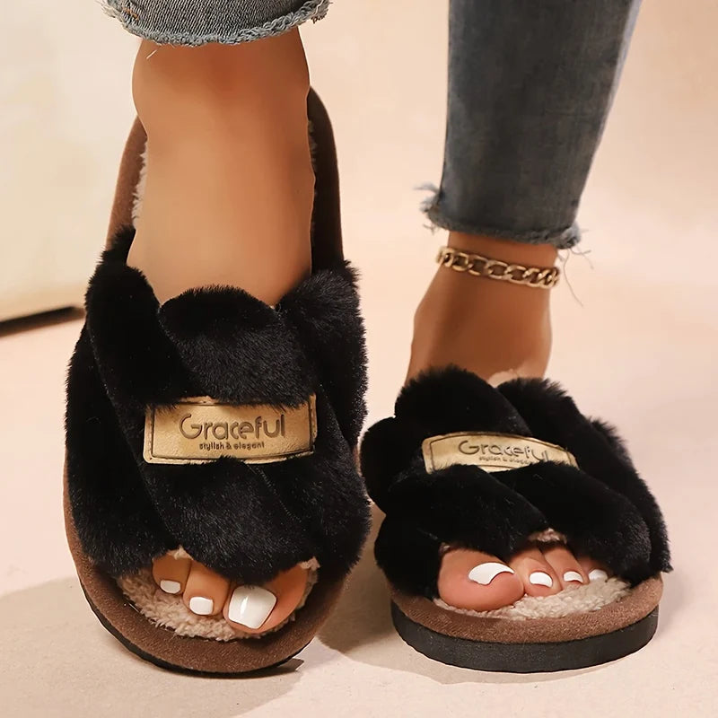 Women's Plush Fuzzy Slippers Home Fur Open-Toe Slides Autumn Winter Indoor Silent Comfort EVA Soft-Soled Bedroom Warm Flip Flops