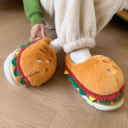 Hamburger cotton slippers for women in winter, new home bag and warm plush couple cotton shoes for women