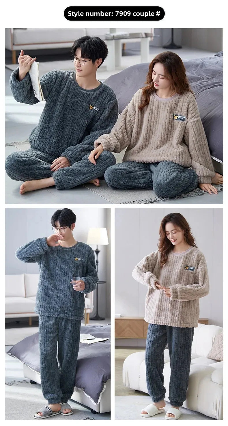 Thickened Coral Fleece Long Sleeve Sleepwear for Couples Spring Autumn Winter Flannel Warm Home Clothes Men Women Winter Home Py