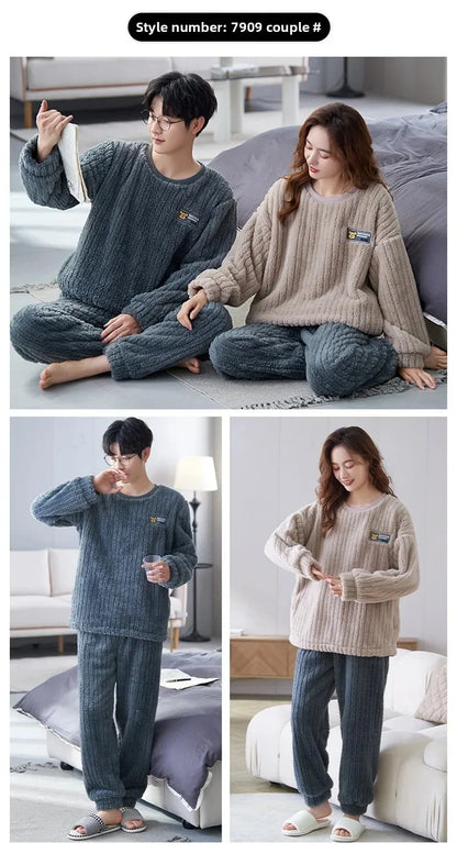 Thickened Coral Fleece Long Sleeve Sleepwear for Couples Spring Autumn Winter Flannel Warm Home Clothes Men Women Winter Home Py