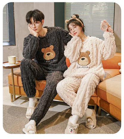 Thickened Coral Fleece Long Sleeve Sleepwear for Couples Spring Autumn Winter Flannel Warm Home Clothes Men Women Winter Home Py