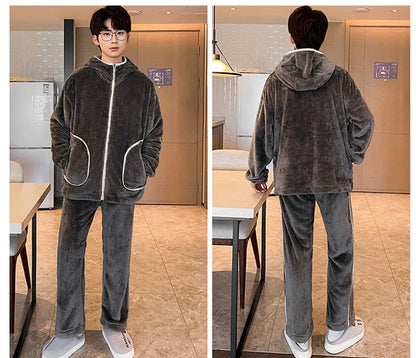 6XL 7XL 8XL Winter Men's Hooded Homewear Heavy Plus Velvet Zipper Cardigan Plus Size Pajamas Pants Keep Warm White Black Suit