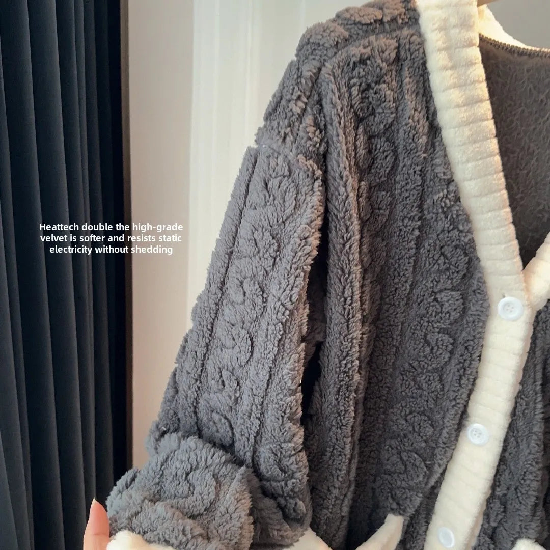 2pcs/Set Autumn and Winter Pajamas Women Thickened Padded Warm Students Coral Girls Clot Velvet Suit Homewear Cardigan Trousers