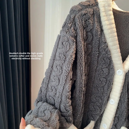 2pcs/Set Autumn and Winter Pajamas Women Thickened Padded Warm Students Coral Girls Clot Velvet Suit Homewear Cardigan Trousers