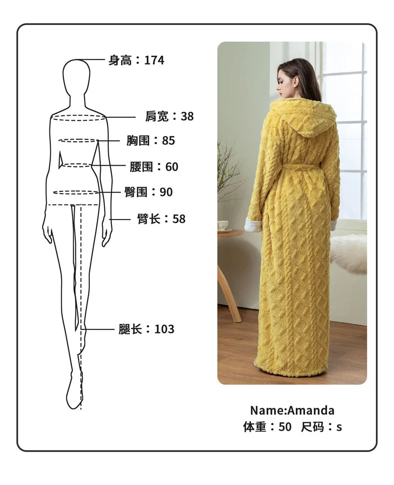 Thick Women Warm Bathrobe Solid Hooded Warm Ladies Dressing Gown Long Sleeve Flannel Bath Robe For Female