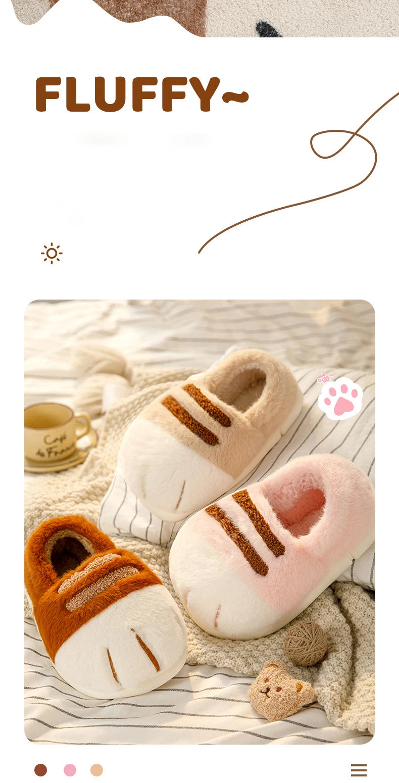 Winter Couple Cat Paw Slippers, Plush Fleece Lined Thick Thermal Home Shoes, Non-Slip Indoor/Outdoor Unisex Anti-Cold House Slid