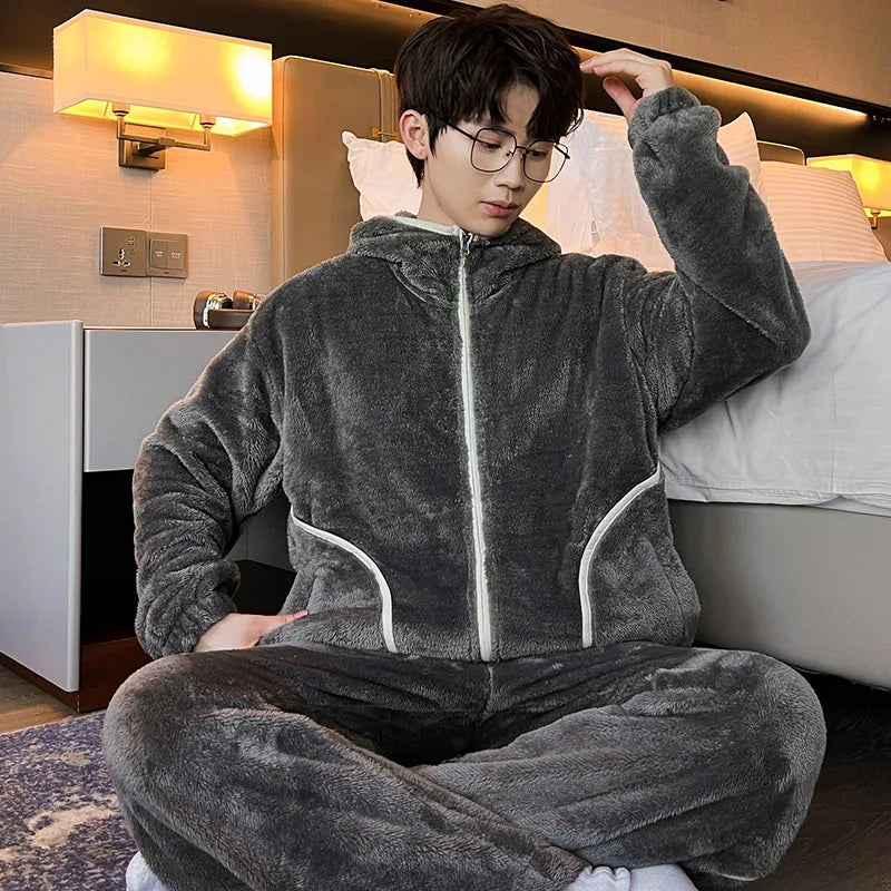 6XL 7XL 8XL Winter Men's Hooded Homewear Heavy Plus Velvet Zipper Cardigan Plus Size Pajamas Pants Keep Warm White Black Suit