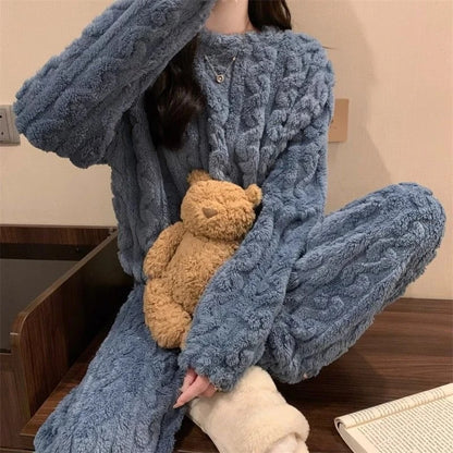 Autumn Winter Sweet Coral Fleece Pajamas Women Fleece-lined Thickened 2025 New Zip-up Flannel Warm Home Wear Set