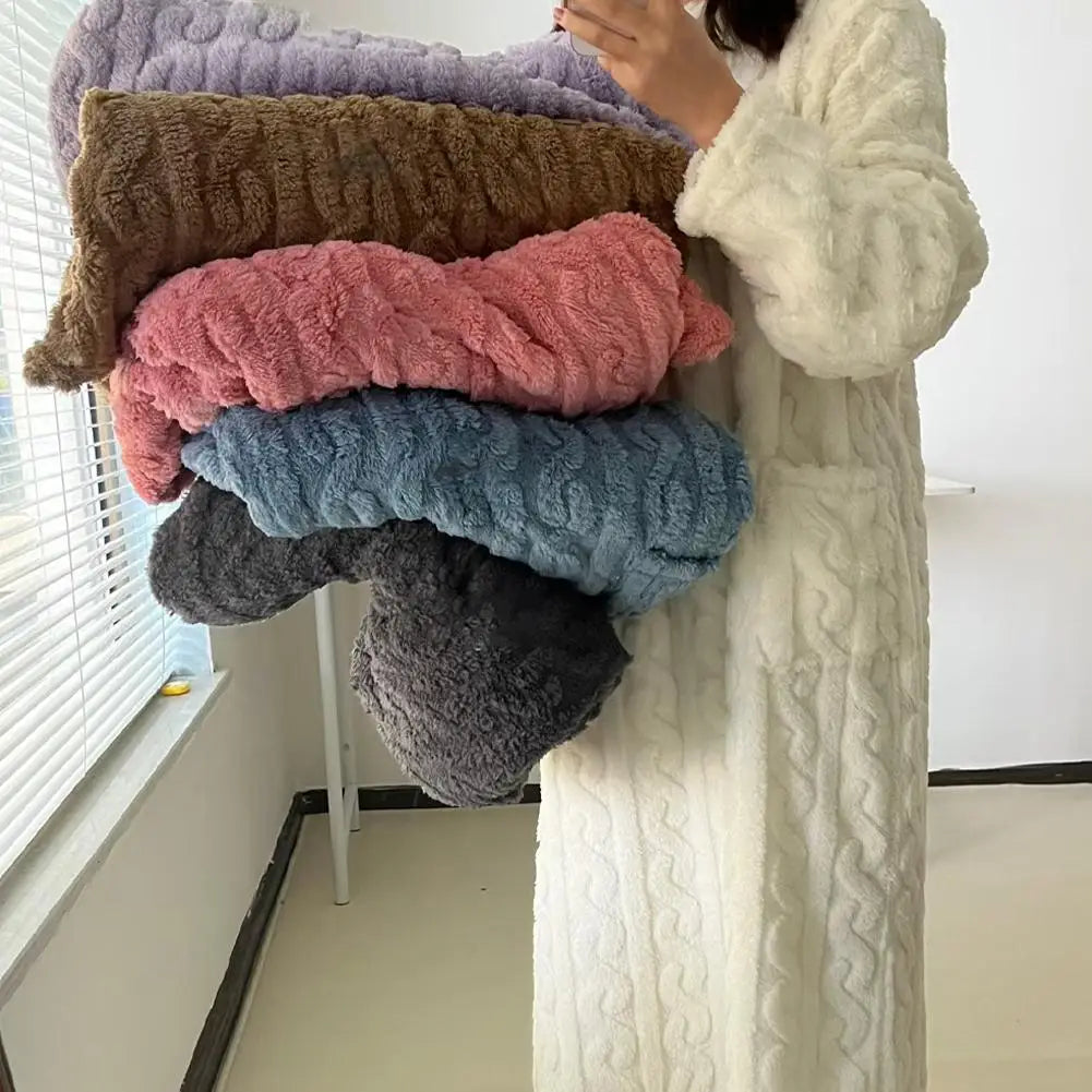 Winter Long Sleeve Flannel Nightgowns Women Loose Double Pocket Solid Sleepwear Jacquard Night Dress Thickened Warm Nightdress