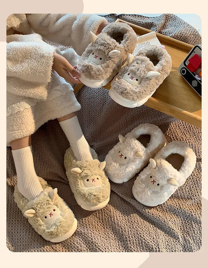 Winter Cartoon Plush Slippers Warm Fluffy Faux Fur Sheep Design Indoor Home Couple Cotton Slippers for Men And Women