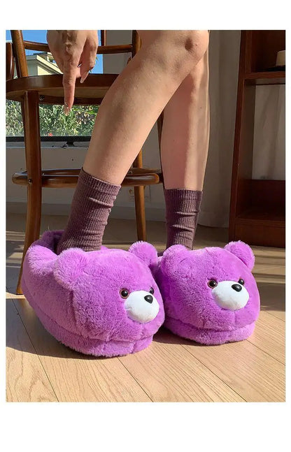 2025 Women's Home Slippers Sweet Fluffy Rainbow Bear Lady slippers indoor Anti slip lightweight keep warm Winter House Shoes 44