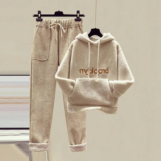 Thickened Lamb Velvet Set Women's Autumn Winter New Embroidery Sweatshirt Women's + Wool Wide Leg Pants Women Two Piece Set
