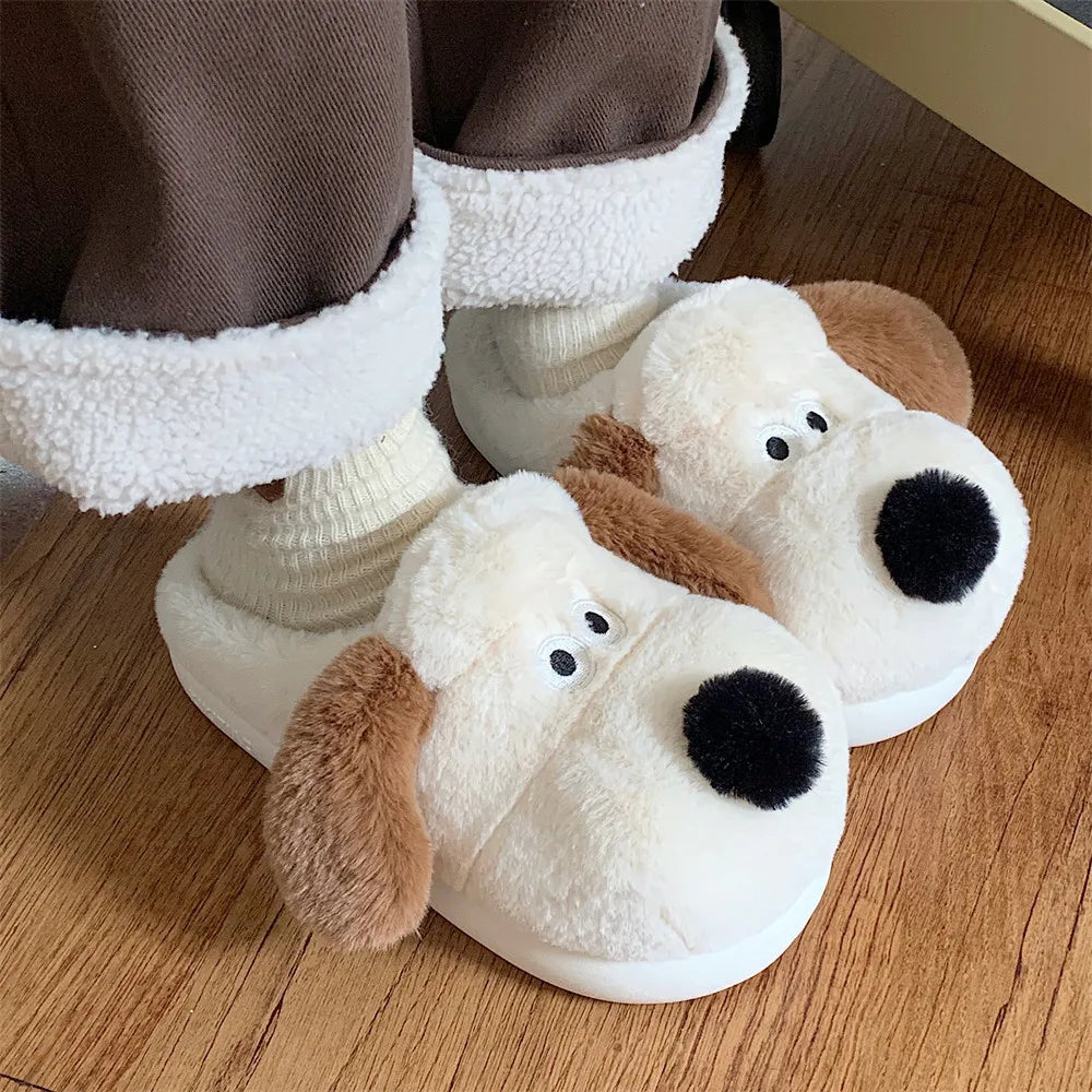 Women Home Soft Sole Cotton Slippers Cartoon Cute Dog Fluffy Slippers Female Winter Slides Ladies Plush Indoor Flats Flip Flops
