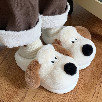 Women Home Soft Sole Cotton Slippers Cartoon Cute Dog Fluffy Slippers Female Winter Slides Ladies Plush Indoor Flats Flip Flops