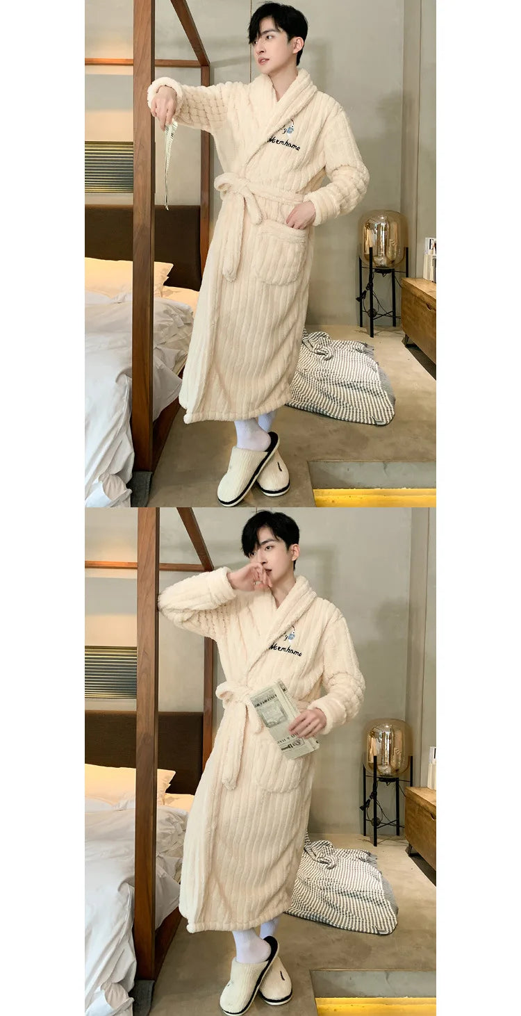 Turn-down V-neck Robes for Men 2025 New Winter Warm Flannel Robes Solid Soft Thick Fleece Sleepwear Male Casual Loose Home Wear