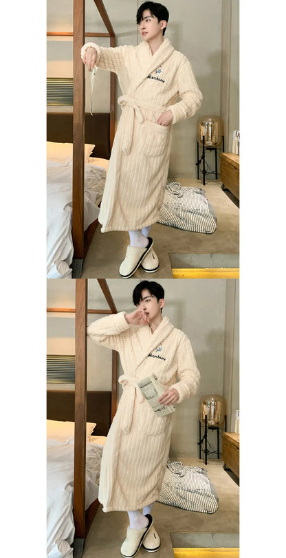 Turn-down V-neck Robes for Men 2025 New Winter Warm Flannel Robes Solid Soft Thick Fleece Sleepwear Male Casual Loose Home Wear