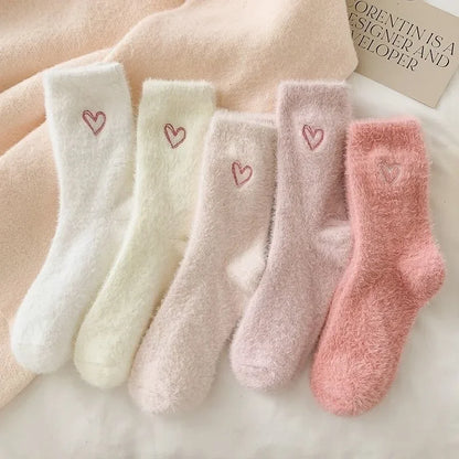 Thickened Middle Tube Socks Mink Fur Pink Embroidered Heart-shaped Women Autumn Winter Warm Sleep Home Solid Color Plush Sock