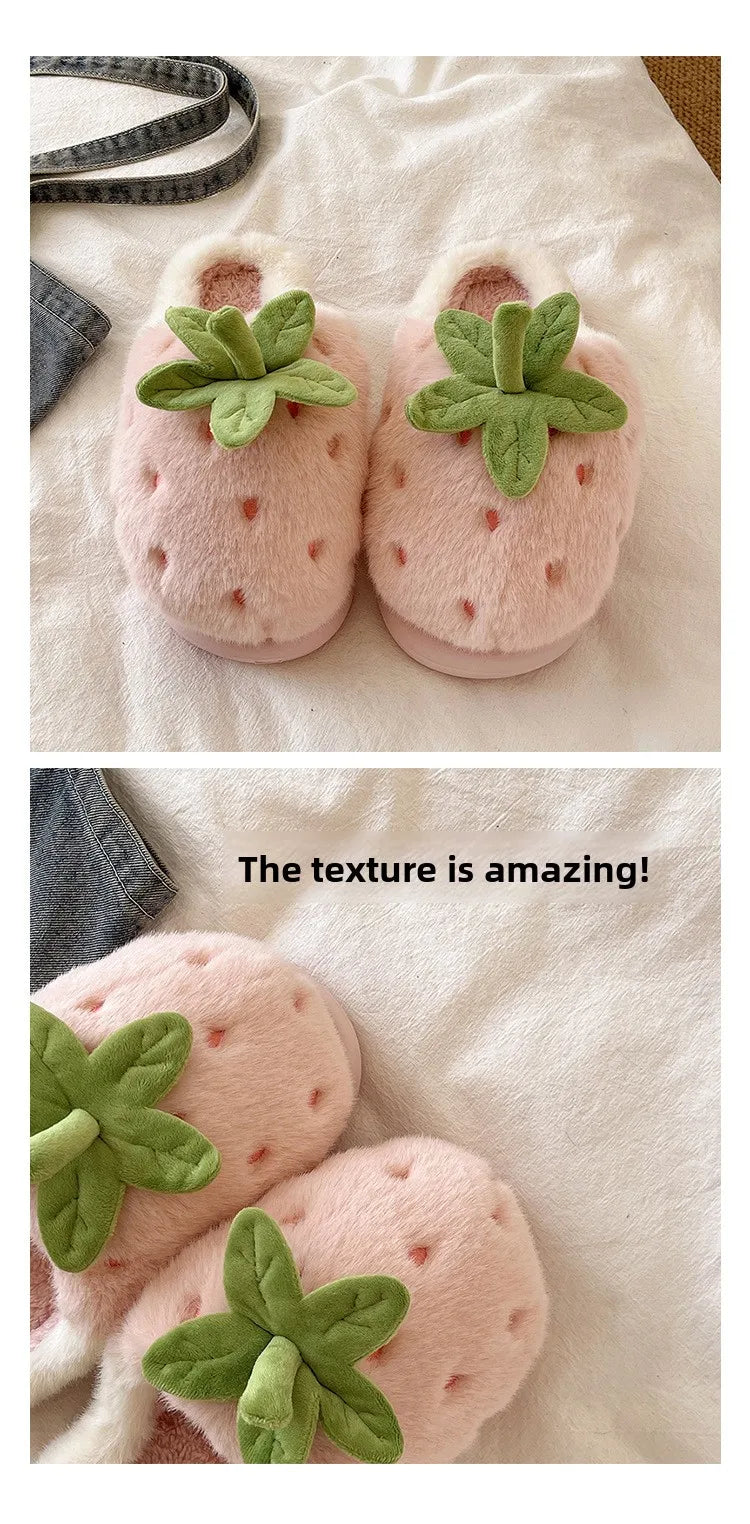 Cute Strawberry Fluffy Slippers Women's Indoor Home Warm Thick Bottom Anti-slip Outdoor Wearable Slip-On Indoor Slippers