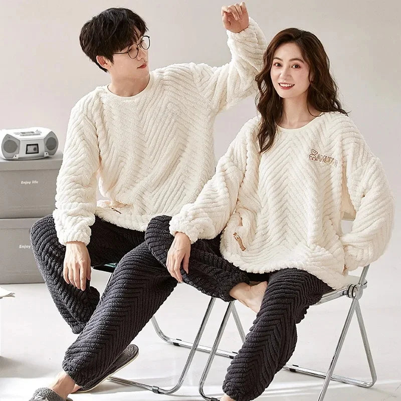 Thickened Coral Fleece Long Sleeve Sleepwear for Couples Spring Autumn Winter Flannel Warm Home Clothes Men Women Winter Home Py