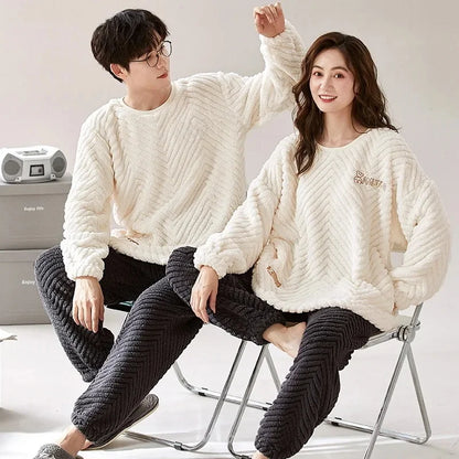 Thickened Coral Fleece Long Sleeve Sleepwear for Couples Spring Autumn Winter Flannel Warm Home Clothes Men Women Winter Home Py